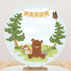 Lofaris Hello Brown Bear Round Green Trees Baby Shower Backdrop
