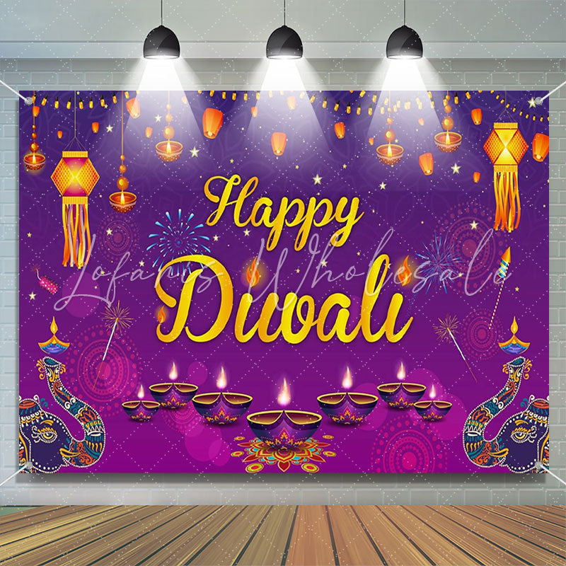 Lofaris Indian Lights Elephant Purple Happy Diwali Backdrop