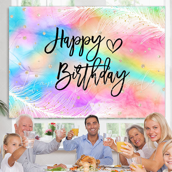 Lofaris Iridescent Feather Happy Birthday Backdrop For Girl