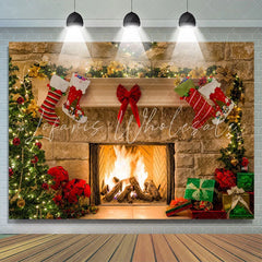 Lofaris Khaki Bricks Wall And Merry Christmas Trees Backdrop