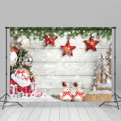Lofaris Leaves Stars Snowflake White Wood Christmas Backdrop