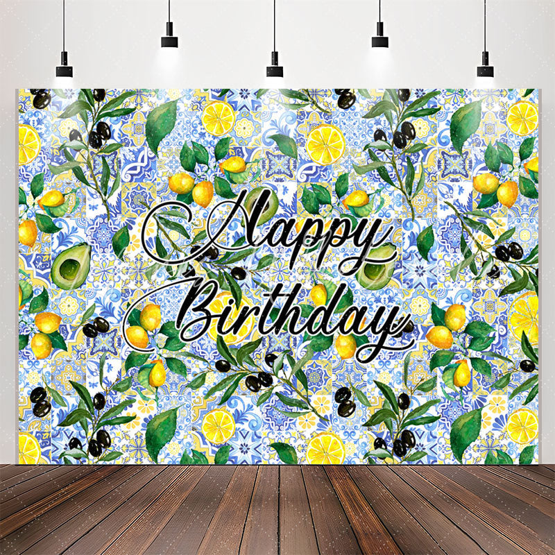 Lofaris Lemon Avocado Blue Delicate Pattern Birthday Backdrop