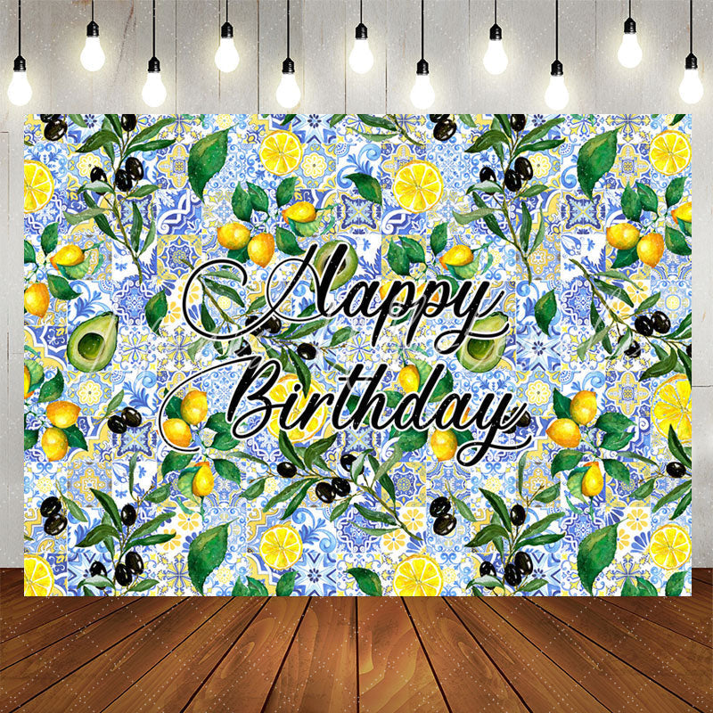 Lofaris Lemon Avocado Blue Delicate Pattern Birthday Backdrop