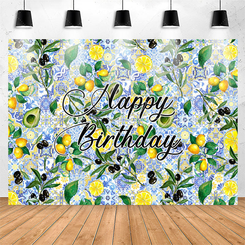 Lofaris Lemon Avocado Blue Delicate Pattern Birthday Backdrop