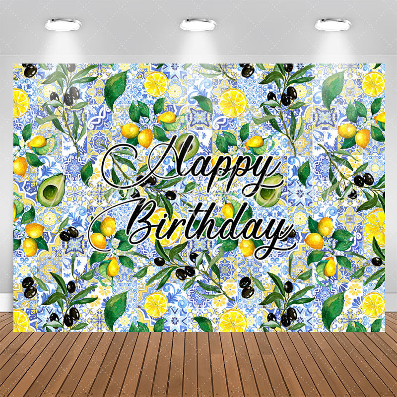 Lofaris Lemon Avocado Blue Delicate Pattern Birthday Backdrop