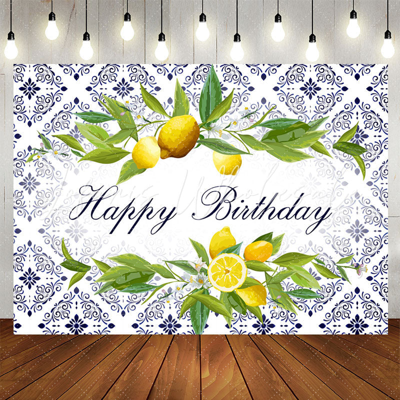 Lofaris Lemons Indigo Vine Pattern Happy Birthday Backdrop