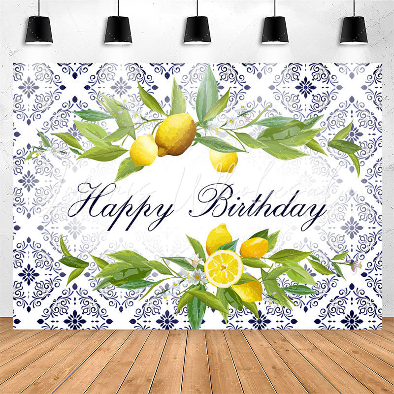 Lofaris Lemons Indigo Vine Pattern Happy Birthday Backdrop