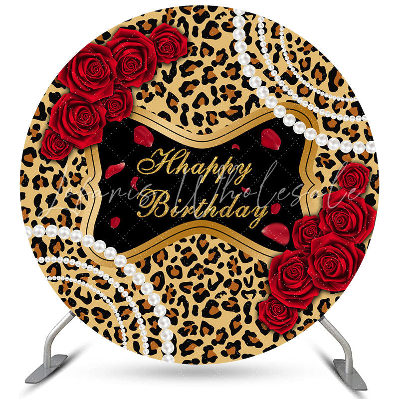 Lofaris Leopard Floral Pearl Circle Happy Birthday Backdrop