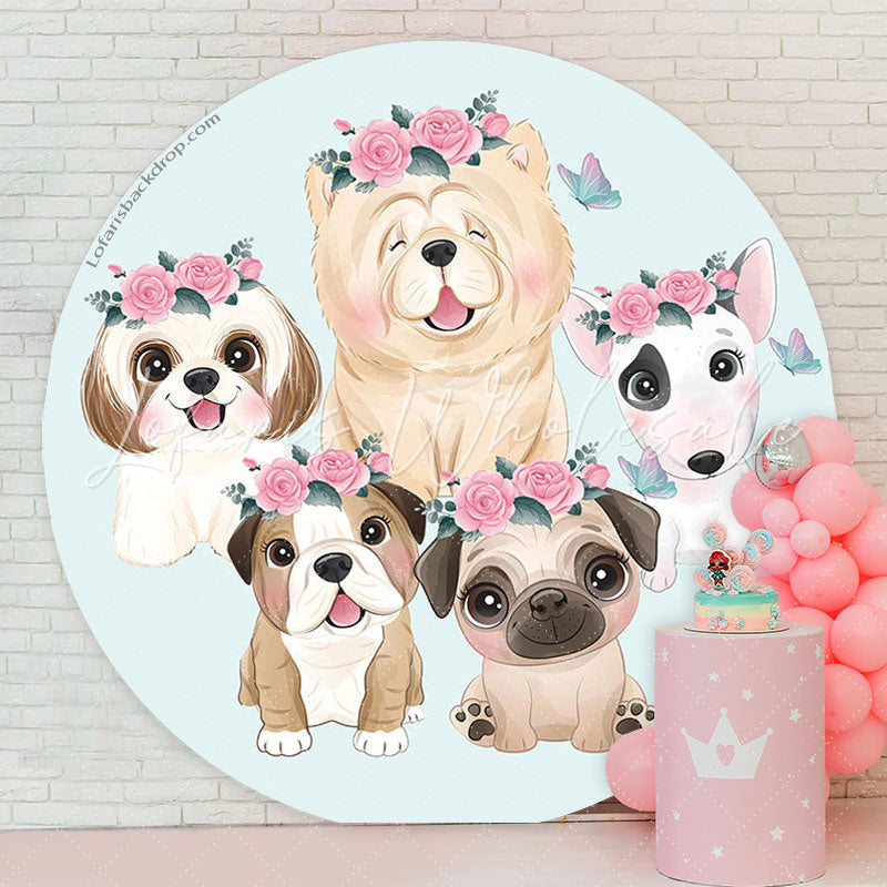 Lofaris Light Blue Puppy Dogs Round Party Backdrop Cover