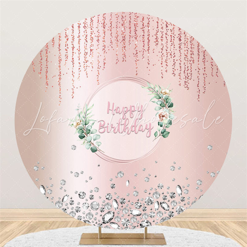 Lofaris Light Pink Glitter Green Leaves Round Birthday Backdrop