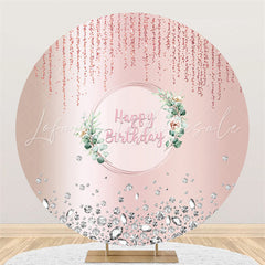 Lofaris Light Pink Glitter Green Leaves Round Birthday Backdrop