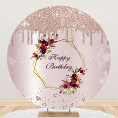 Lofaris Light Pink Glitter Round Floral Happy Birthday Backdrop
