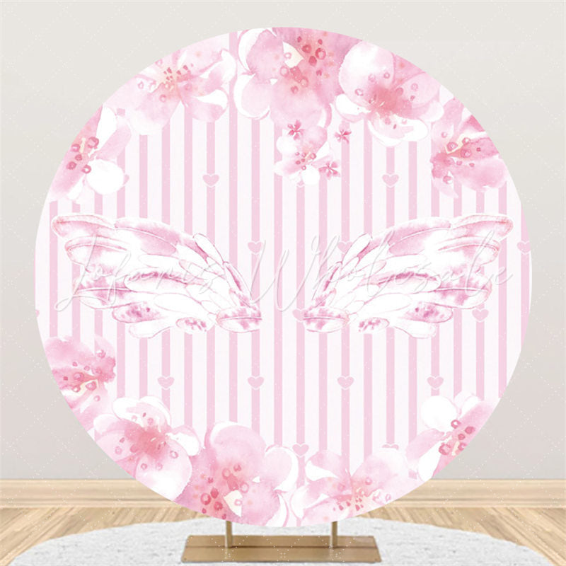 Lofaris Light Pink Stripes And Wing Round Happy Birthday Backdrop