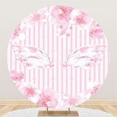 Lofaris Light Pink Stripes And Wing Round Happy Birthday Backdrop