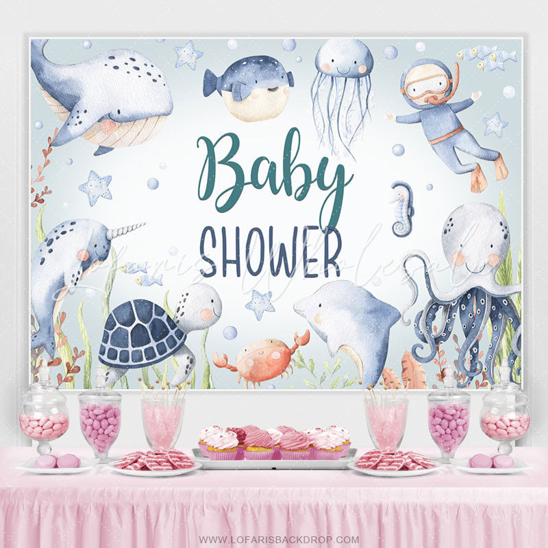 Lofaris Little Diver And Undersea Fishes Baby Shower Backdrop