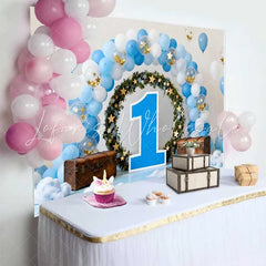 Lofaris 1st Birthday Cake Smash Backdrop Blue Balloon Arch with Floral Wreath and Large Blue Number 1