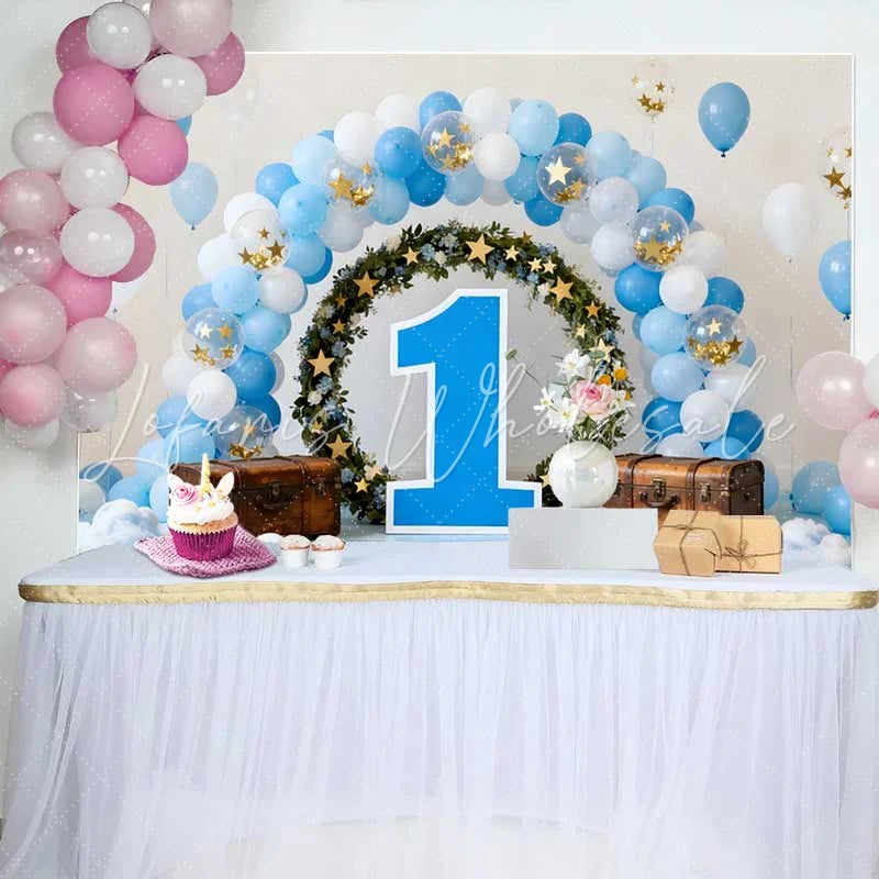 Lofaris 1st Birthday Cake Smash Backdrop Blue Balloon Arch with Floral Wreath and Large Blue Number 1