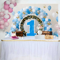Lofaris 1st Birthday Cake Smash Backdrop Blue Balloon Arch with Floral Wreath and Large Blue Number 1