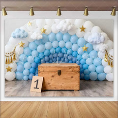 Lofaris 1st Birthday Photography Backdrop Blue and White Balloon Wall with Stars and Clouds for Cake Smash