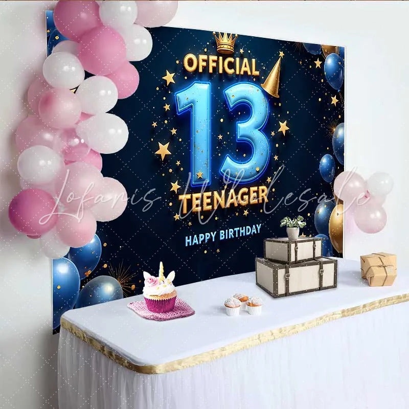 Lofaris 3D Blue and Gold 13th Birthday Backdrop Official Teenager 13 Royal Milestone Party Decoration