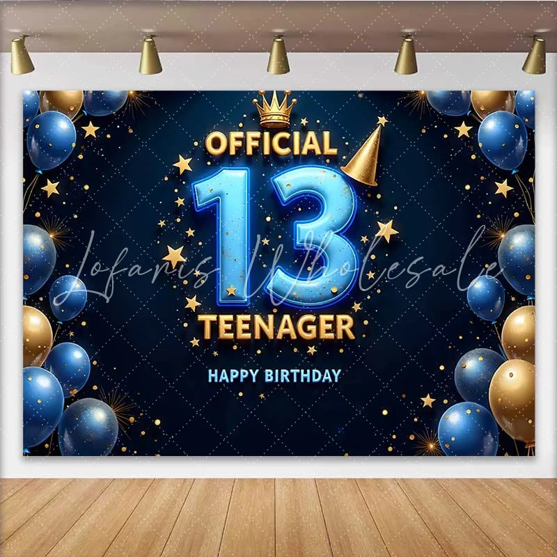 Lofaris 3D Blue and Gold 13th Birthday Backdrop Official Teenager 13 Royal Milestone Party Decoration