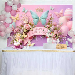 Lofaris 3D Mint and Pink Butterfly Birthday Backdrop Striped Balloon Floral Background Girl Sweet Bday Banner