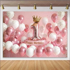 Lofaris 3D Pink and White Balloons 1st Birthday Backdrop Gold Crown and Number 1 Party Decoration