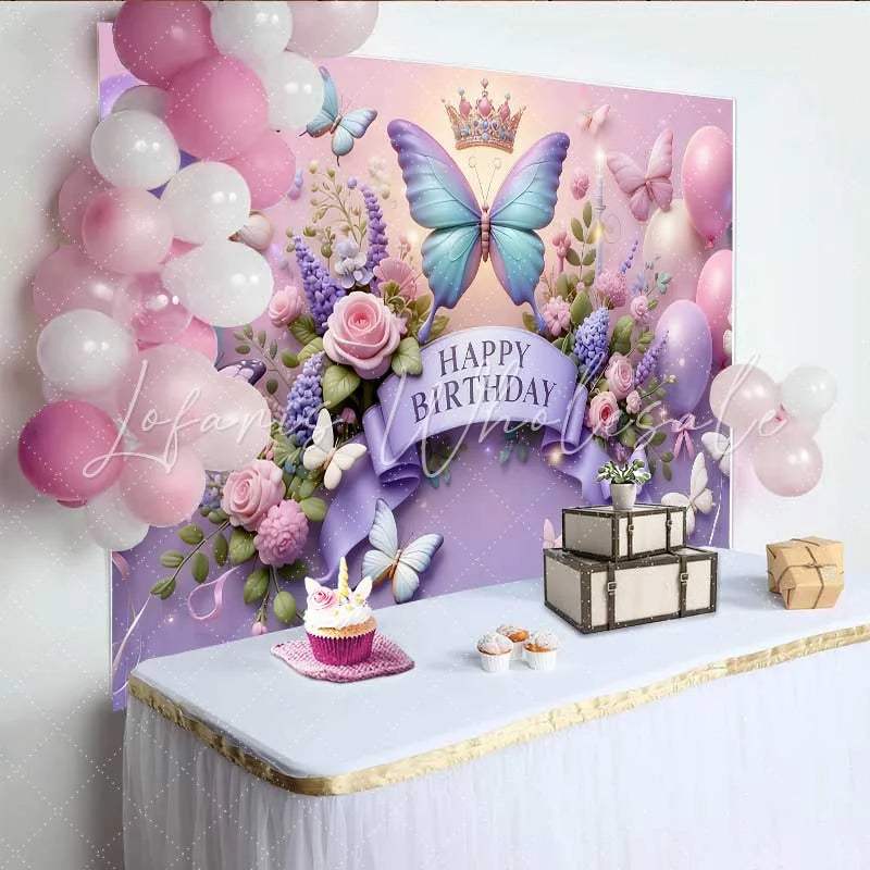 Lofaris 3D Purple and Blue Butterfly Birthday Backdrop Crown Floral Balloon Background Girl Princess Party Prop