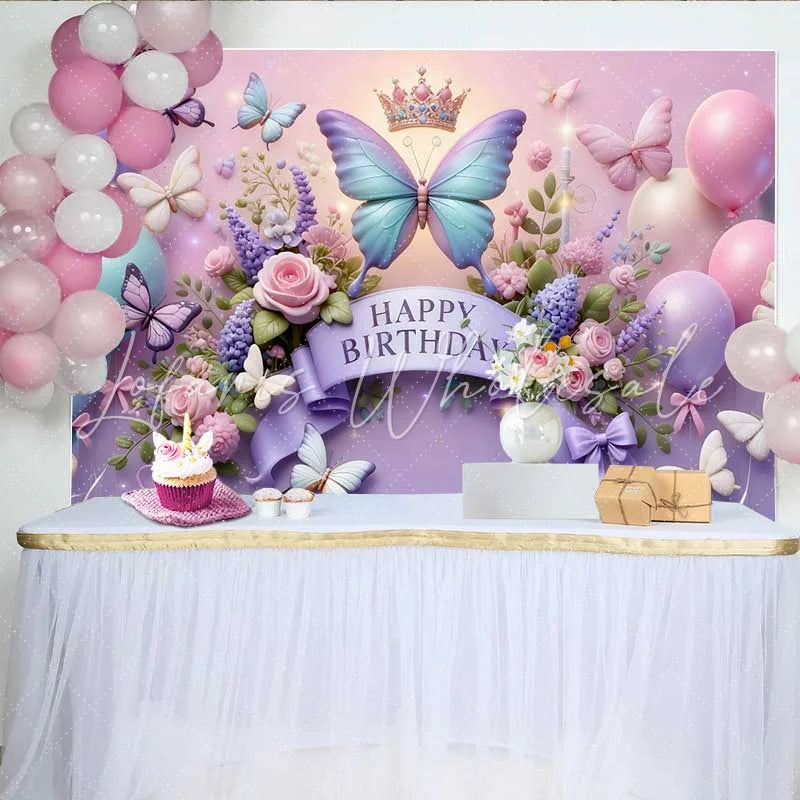 Lofaris 3D Purple and Blue Butterfly Birthday Backdrop Crown Floral Balloon Background Girl Princess Party Prop