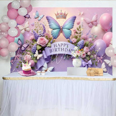 Lofaris 3D Purple and Blue Butterfly Birthday Backdrop Crown Floral Balloon Background Girl Princess Party Prop