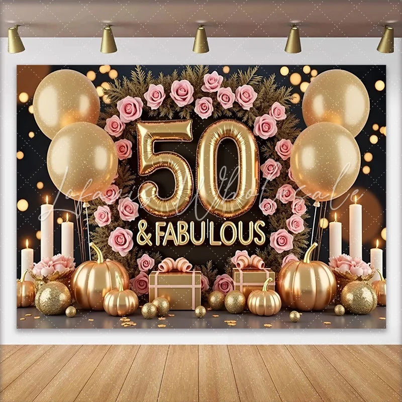 Lofaris 50 and Fabulous Birthday Backdrop Pink Roses Golden Balloons Pumpkins Women Milestone Party Decoration