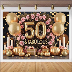 Lofaris 50 and Fabulous Birthday Backdrop Pink Roses Golden Balloons Pumpkins Women Milestone Party Decoration