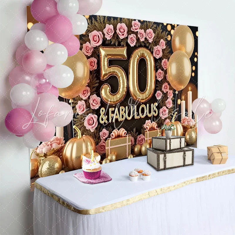 Lofaris 50 and Fabulous Birthday Backdrop Pink Roses Golden Balloons Pumpkins Women Milestone Party Decoration