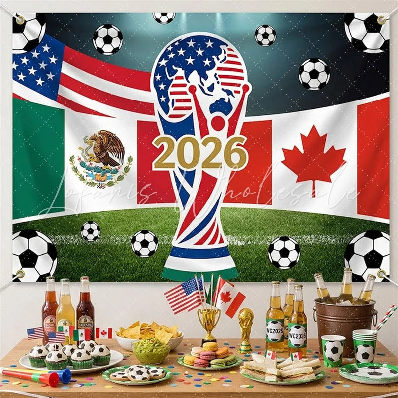 Lofaris (7 Day Delivery)Lofaris USA Mexico Canada Flags and Soccer Balls 2026 International Football Celebration Backdrop