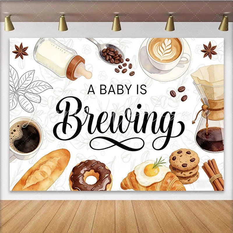 Lofaris A Baby is Brewing Coffee Baby Shower Backdrop with Bottle and Breakfast Watercolor Brunch Theme Photo Background