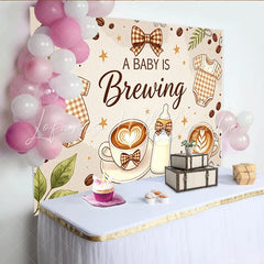 Lofaris A Baby Is Brewing Coffee Baby Shower Backdrop with Onesies and Latte Art Warm Brown Background for Gender Reveal Party