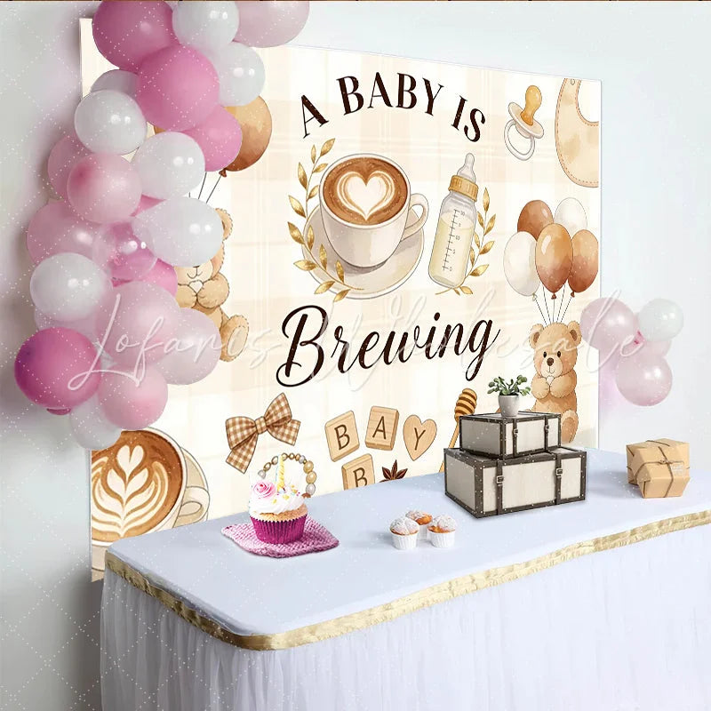 Lofaris A Baby Is Brewing Coffee Bear Baby Shower Backdrop with Balloons Warm Latte Art Theme Photography Background for Party Decor