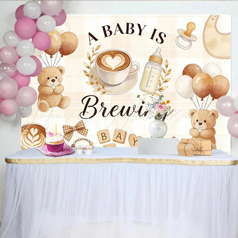 Lofaris A Baby Is Brewing Coffee Bear Baby Shower Backdrop with Balloons Warm Latte Art Theme Photography Background for Party Decor