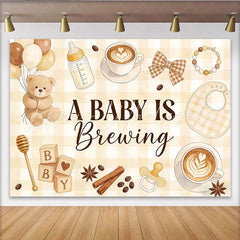 Lofaris A Baby Is Brewing Coffee Theme Baby Shower Backdrop with Teddy Bear and Balloons Gender Neutral Party Background for Photoshoot
