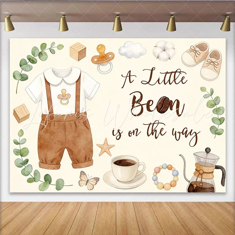Lofaris A Little Bean Is On The Way Coffee Baby Shower Backdrop with Eucalyptus and Baby Clothes Neutral Gender Reveal Party for Photoshoot