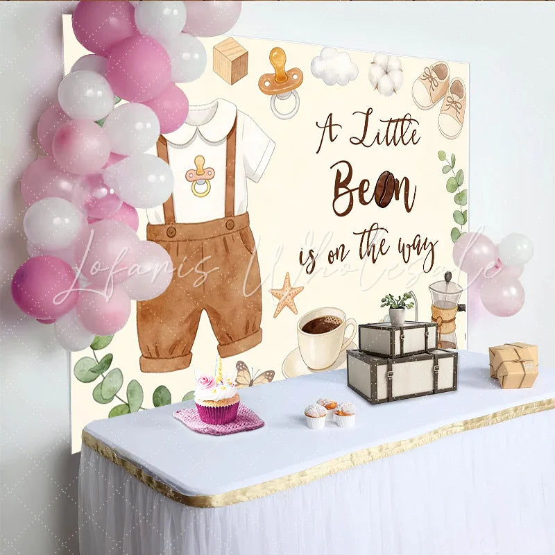 Lofaris A Little Bean Is On The Way Coffee Baby Shower Backdrop with Eucalyptus and Baby Clothes Neutral Gender Reveal Party for Photoshoot