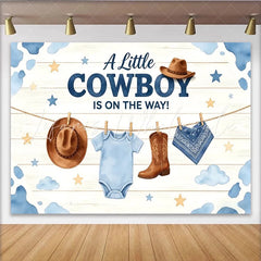 Lofaris A Little Cowboy Is On The Way Baby Shower Backdrop with Blue Cow Print and Western Decor Rustic Wood Background for Boy Party