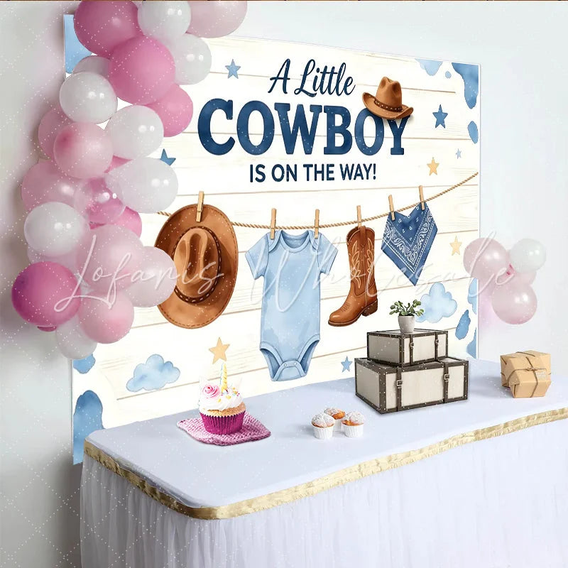 Lofaris A Little Cowboy Is On The Way Baby Shower Backdrop with Blue Cow Print and Western Decor Rustic Wood Background for Boy Party