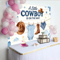 Lofaris A Little Cowboy Is On The Way Baby Shower Backdrop with Blue Cow Print and Western Decor Rustic Wood Background for Boy Party