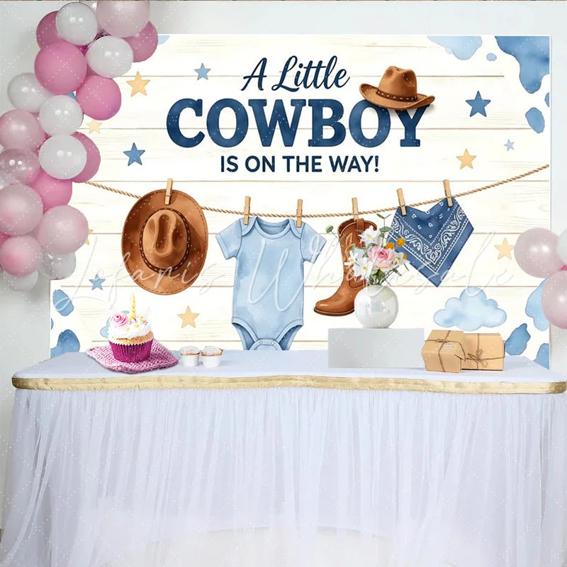 Lofaris A Little Cowboy Is On The Way Baby Shower Backdrop with Blue Cow Print and Western Decor Rustic Wood Background for Boy Party