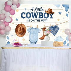 Lofaris A Little Cowboy Is On The Way Baby Shower Backdrop with Blue Cow Print and Western Decor Rustic Wood Background for Boy Party