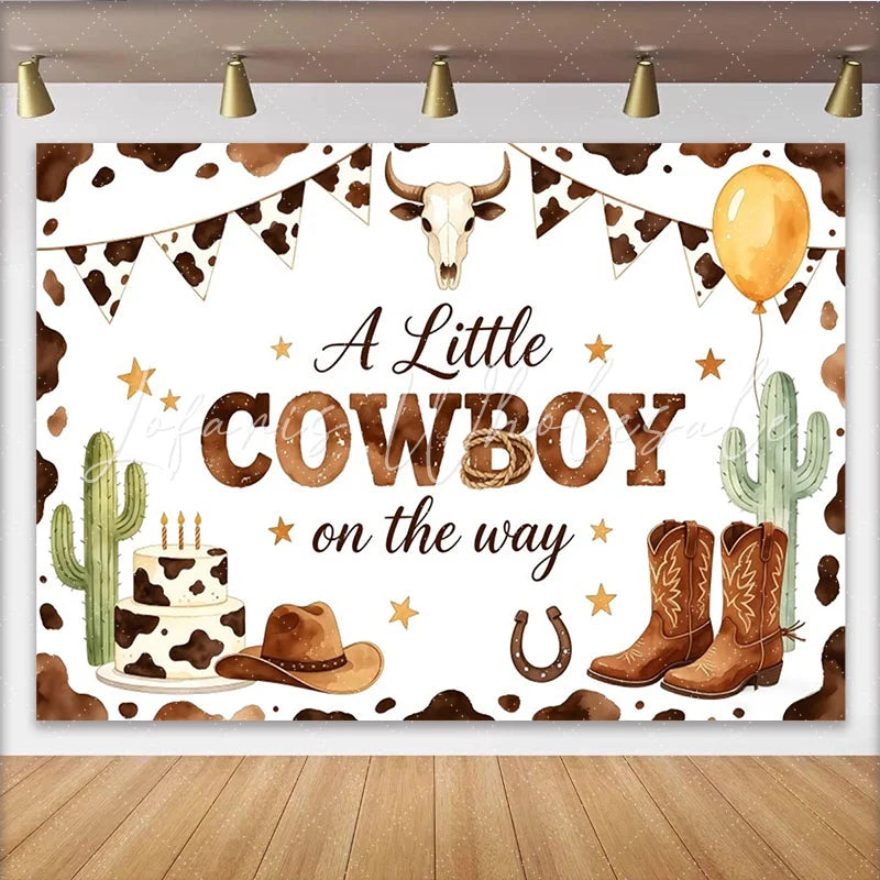 Lofaris A Little Cowboy on the Way Baby Shower Backdrop Western Cow Print Photo Background with Boots and Hat