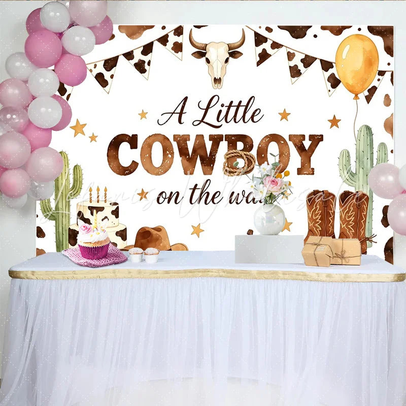 Lofaris A Little Cowboy on the Way Baby Shower Backdrop Western Cow Print Photo Background with Boots and Hat