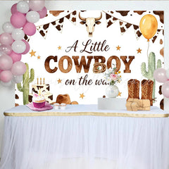 Lofaris A Little Cowboy on the Way Baby Shower Backdrop Western Cow Print Photo Background with Boots and Hat