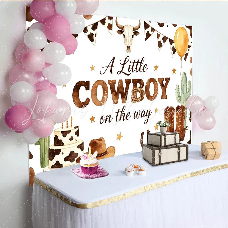 Lofaris A Little Cowboy on the Way Baby Shower Backdrop Western Cow Print Photo Background with Boots and Hat